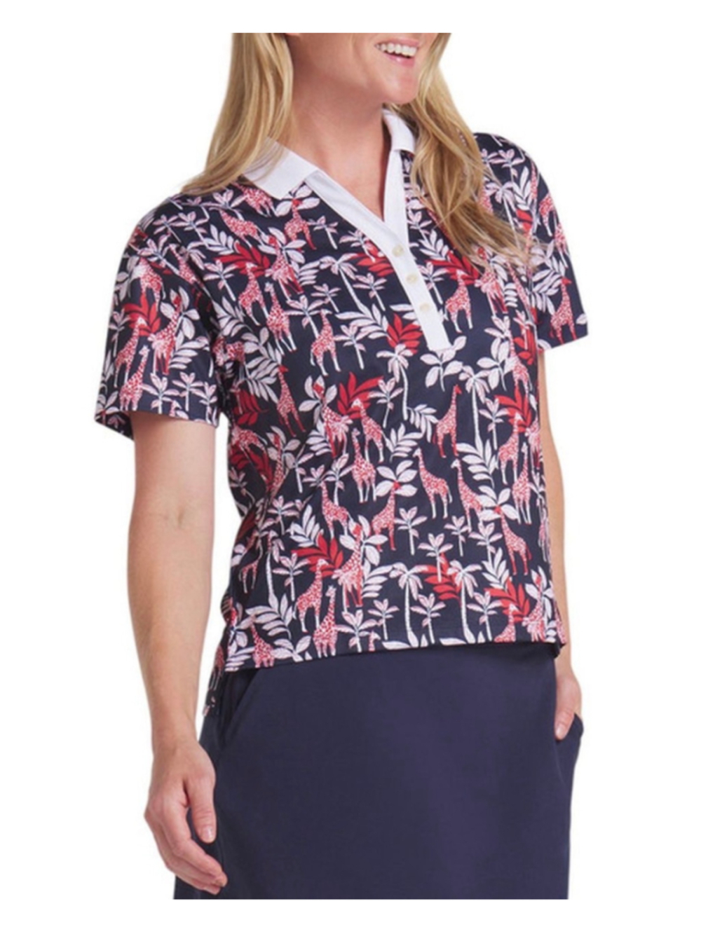 Women's Puma Golf Polo Shirt Size L Navy Red Giraffe Print Short Sleeve